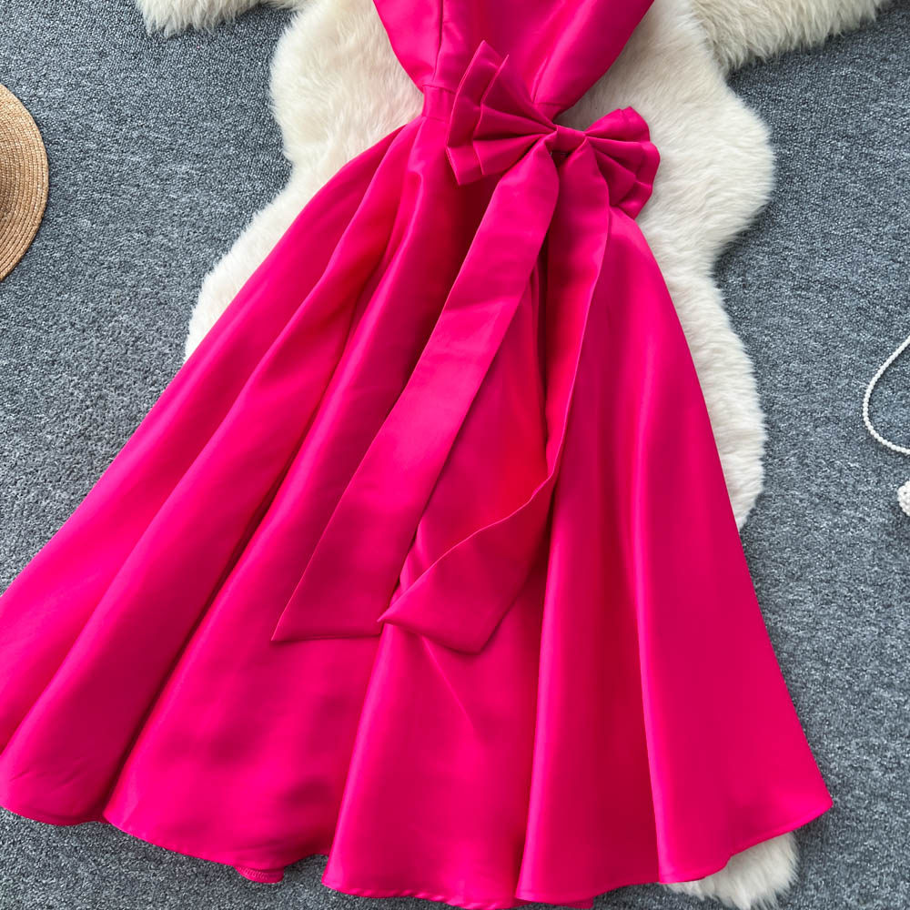 Rhinestone pinched waist bow dress summer A-line formal dress