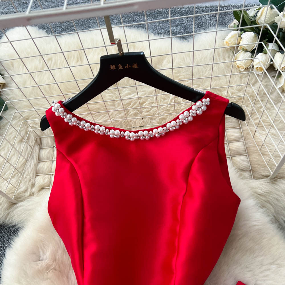 Rhinestone pinched waist bow dress summer A-line formal dress