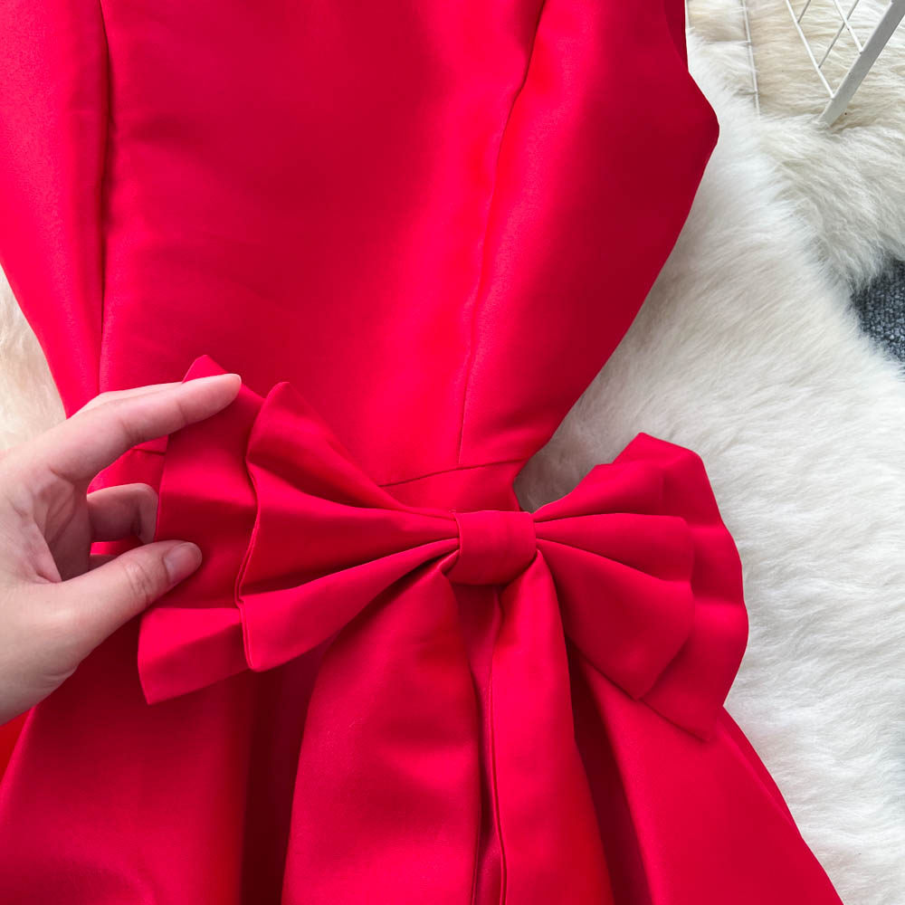 Rhinestone pinched waist bow dress summer A-line formal dress