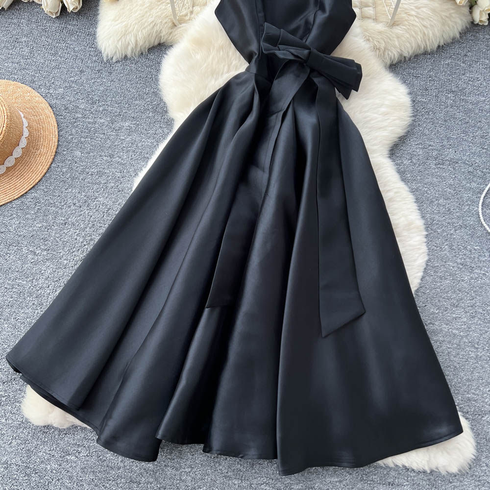 Rhinestone pinched waist bow dress summer A-line formal dress