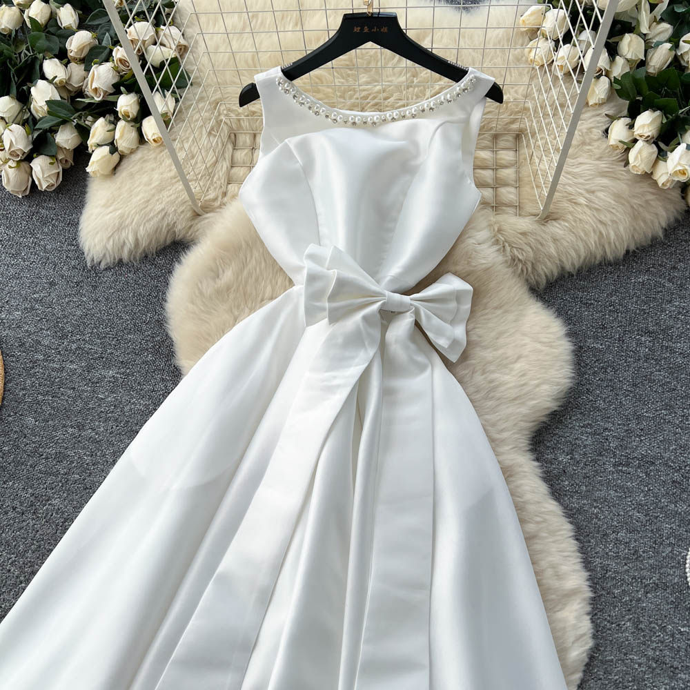 Rhinestone pinched waist bow dress summer A-line formal dress