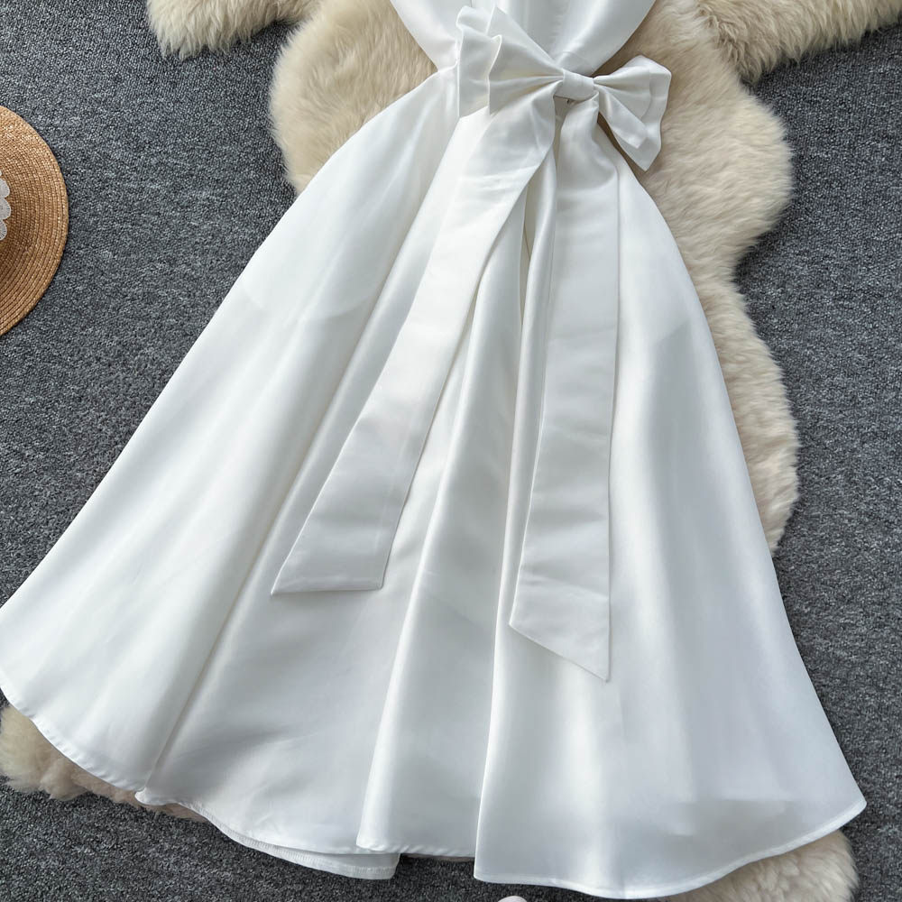 Rhinestone pinched waist bow dress summer A-line formal dress