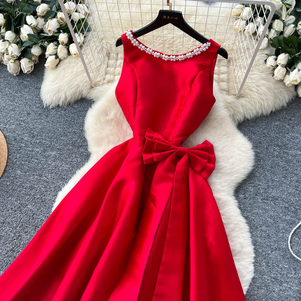 Rhinestone pinched waist bow dress summer A-line formal dress