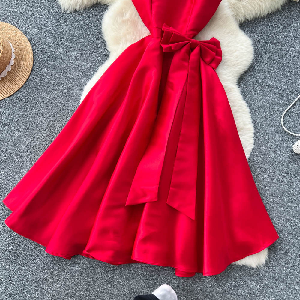 Rhinestone pinched waist bow dress summer A-line formal dress