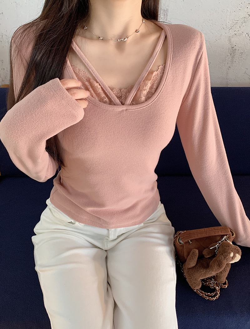 Long sleeve lace T-shirt V-neck bottoming shirt