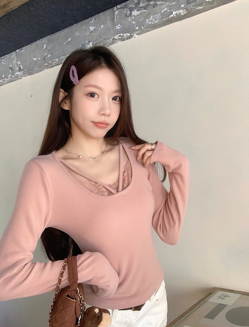 Long sleeve lace T-shirt V-neck bottoming shirt