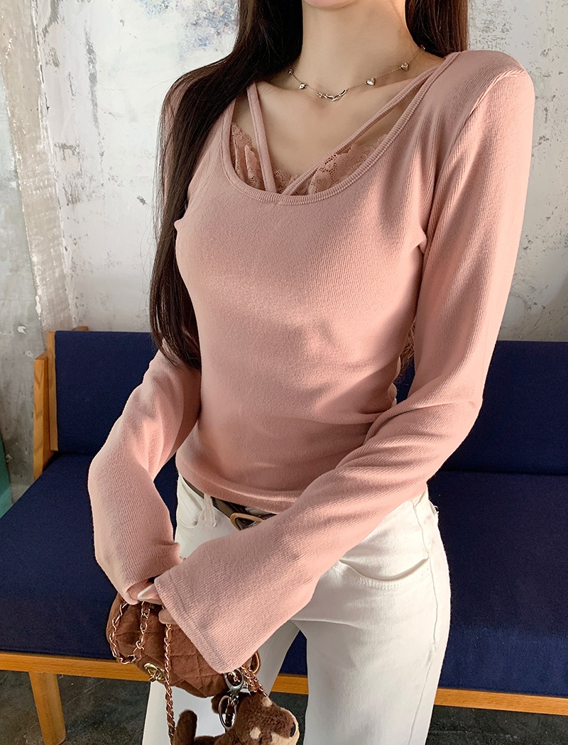 Long sleeve lace T-shirt V-neck bottoming shirt