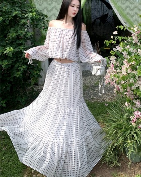 Printing seaside niche tops long sleeve flat shoulder skirt a set