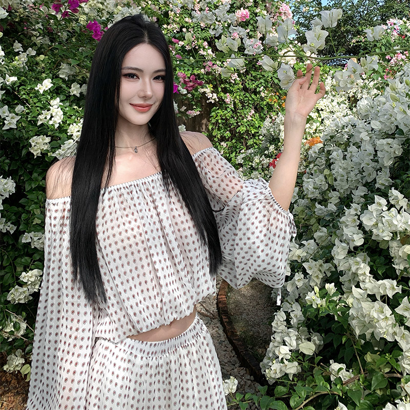 Printing seaside niche tops long sleeve flat shoulder skirt a set