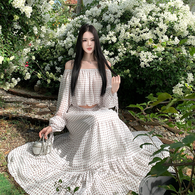 Printing seaside niche tops long sleeve flat shoulder skirt a set