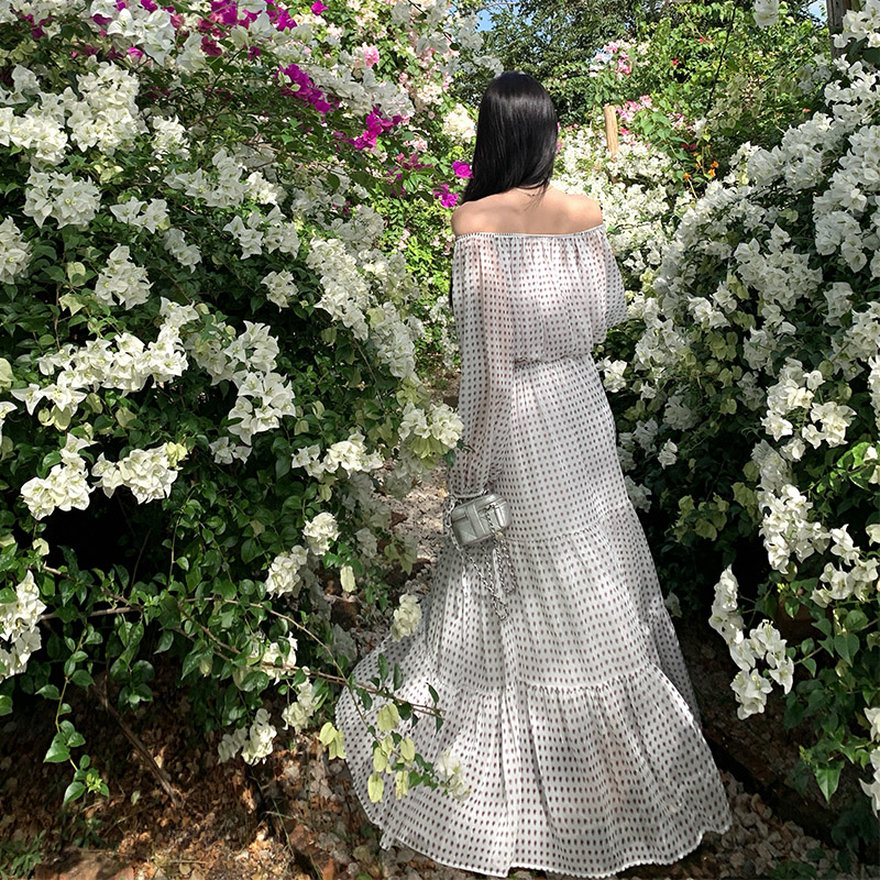 Printing seaside niche tops long sleeve flat shoulder skirt a set