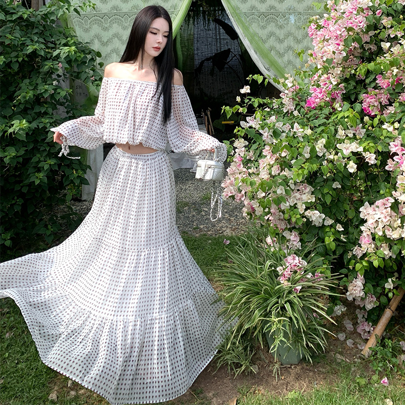 Printing seaside niche tops long sleeve flat shoulder skirt a set