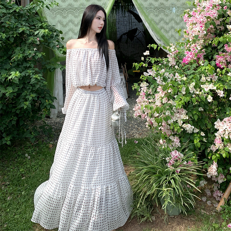 Printing seaside niche tops long sleeve flat shoulder skirt a set