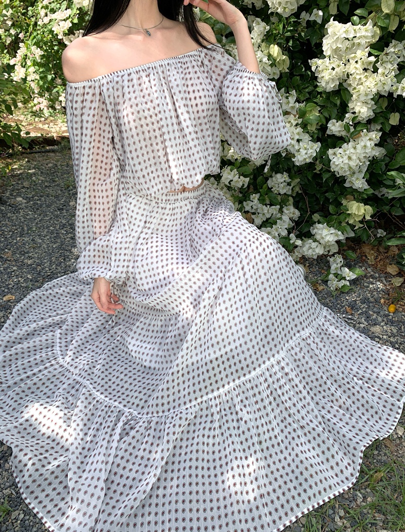 Printing seaside niche tops long sleeve flat shoulder skirt a set