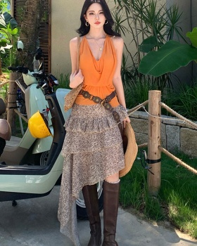 Sexy halter skirt V-neck long dress 2pcs set