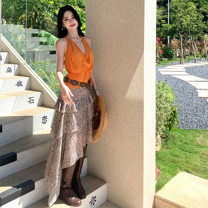 Sexy halter skirt V-neck long dress 2pcs set