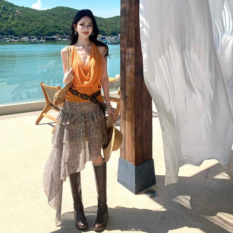 Sexy halter skirt V-neck long dress 2pcs set