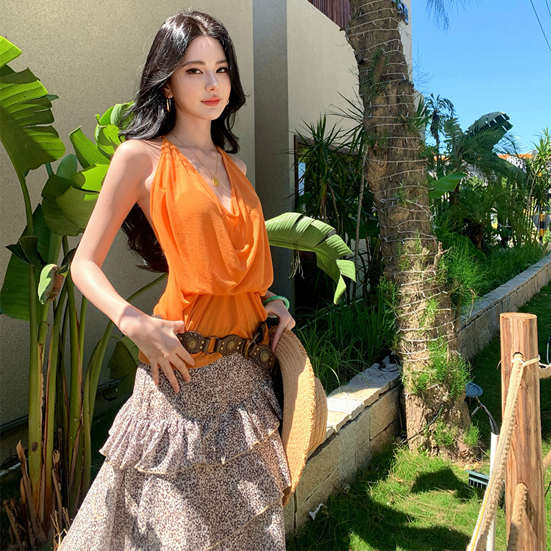 Sexy halter skirt V-neck long dress 2pcs set