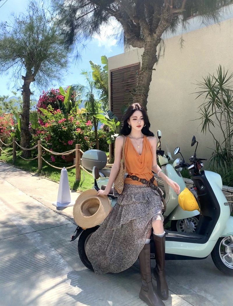 Sexy halter skirt V-neck long dress 2pcs set