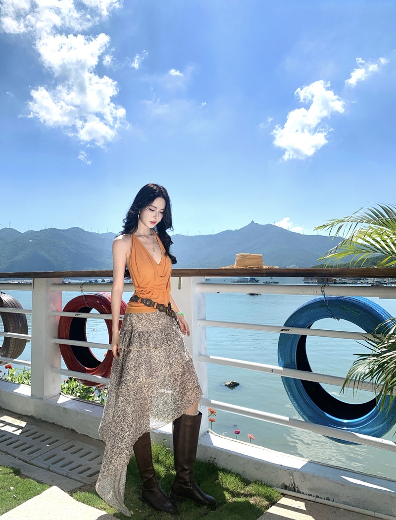 Sexy halter skirt V-neck long dress 2pcs set