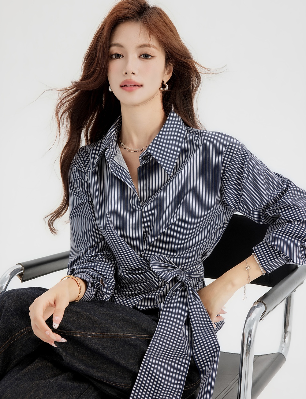 Niche pinched waist shirt long sleeve bandage tops