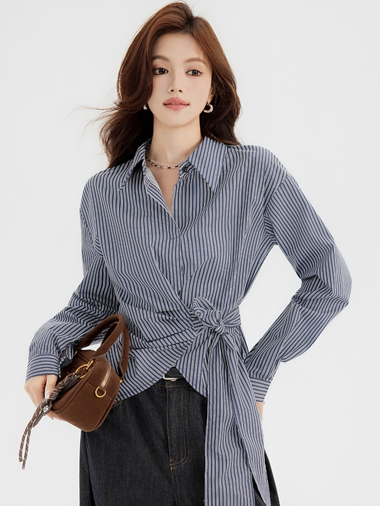 Niche pinched waist shirt long sleeve bandage tops