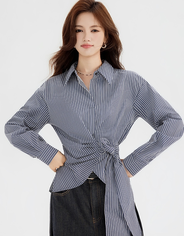 Niche pinched waist shirt long sleeve bandage tops