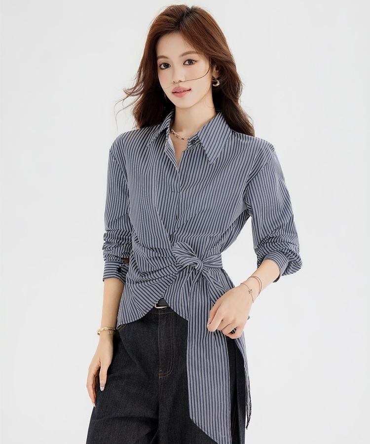 Niche pinched waist shirt long sleeve bandage tops
