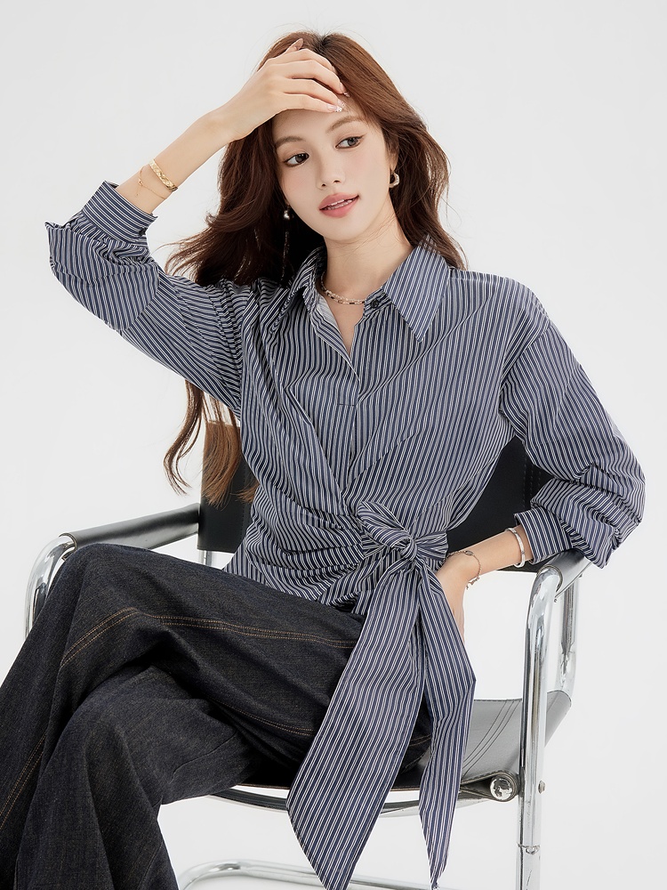 Niche pinched waist shirt long sleeve bandage tops