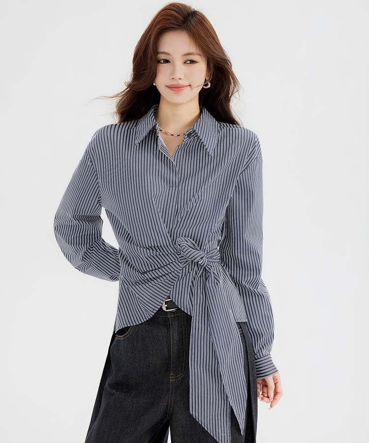 Niche pinched waist shirt long sleeve bandage tops
