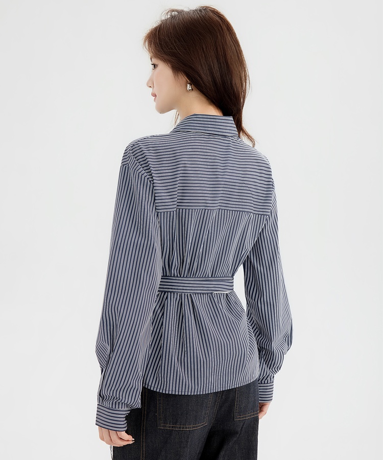 Niche pinched waist shirt long sleeve bandage tops