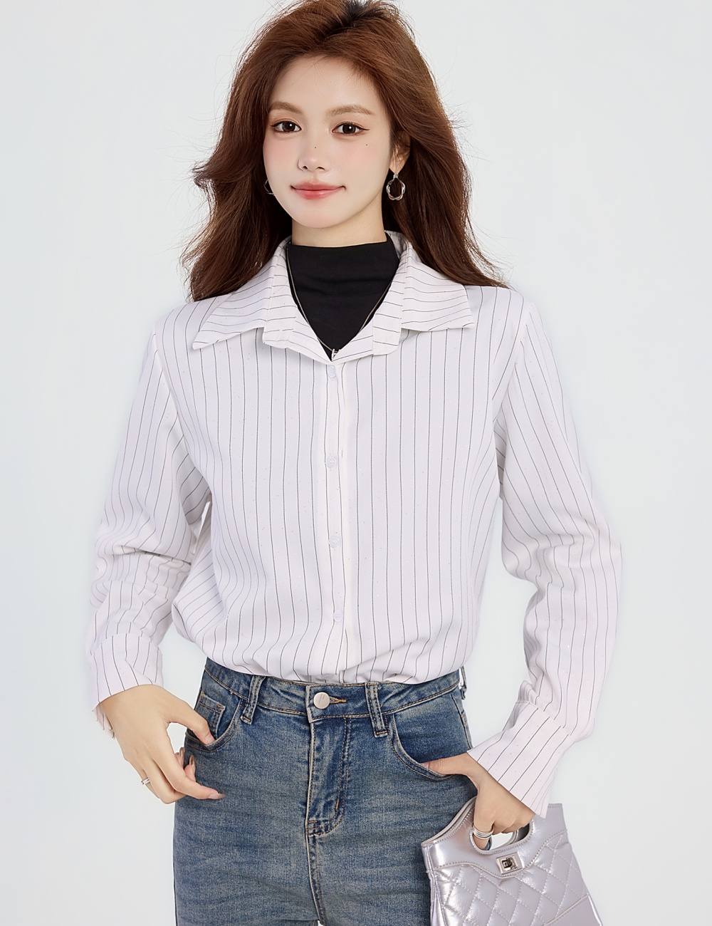 Casual stripe shirt bottoming spring tops for women