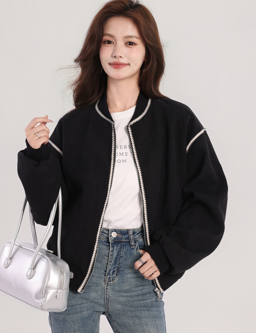 Retro loose cardigan Casual spring baseball uniforms for women