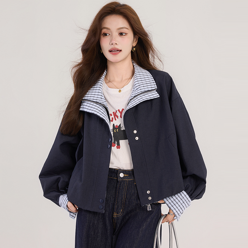 Spring mixed colors tops Pseudo-two lapel coat