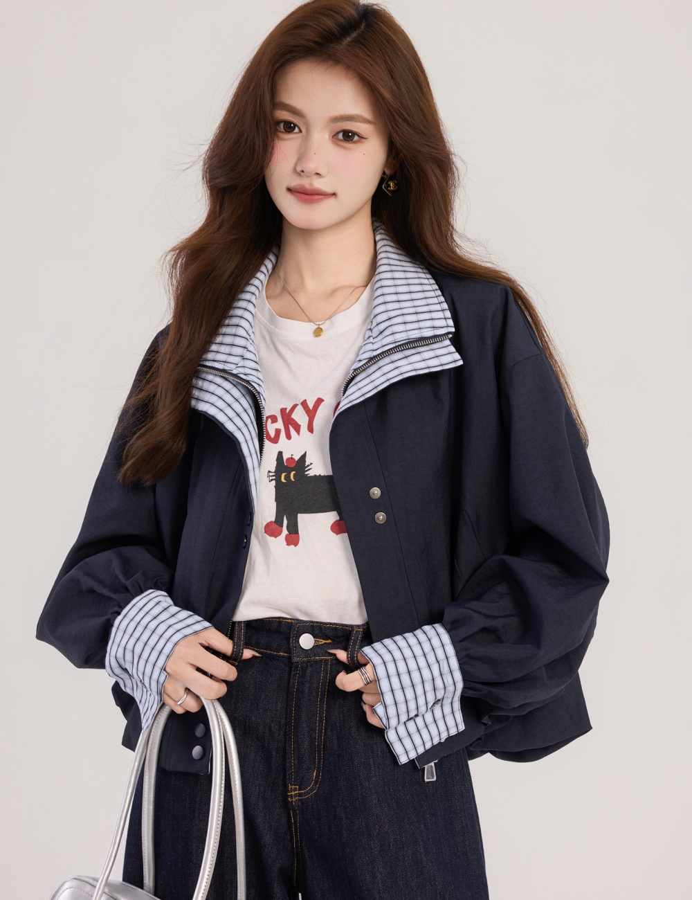 Spring mixed colors tops Pseudo-two lapel coat