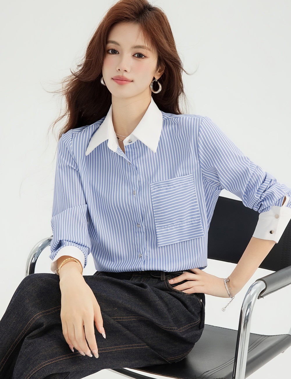 Spring temperament blue profession stripe shirt for women