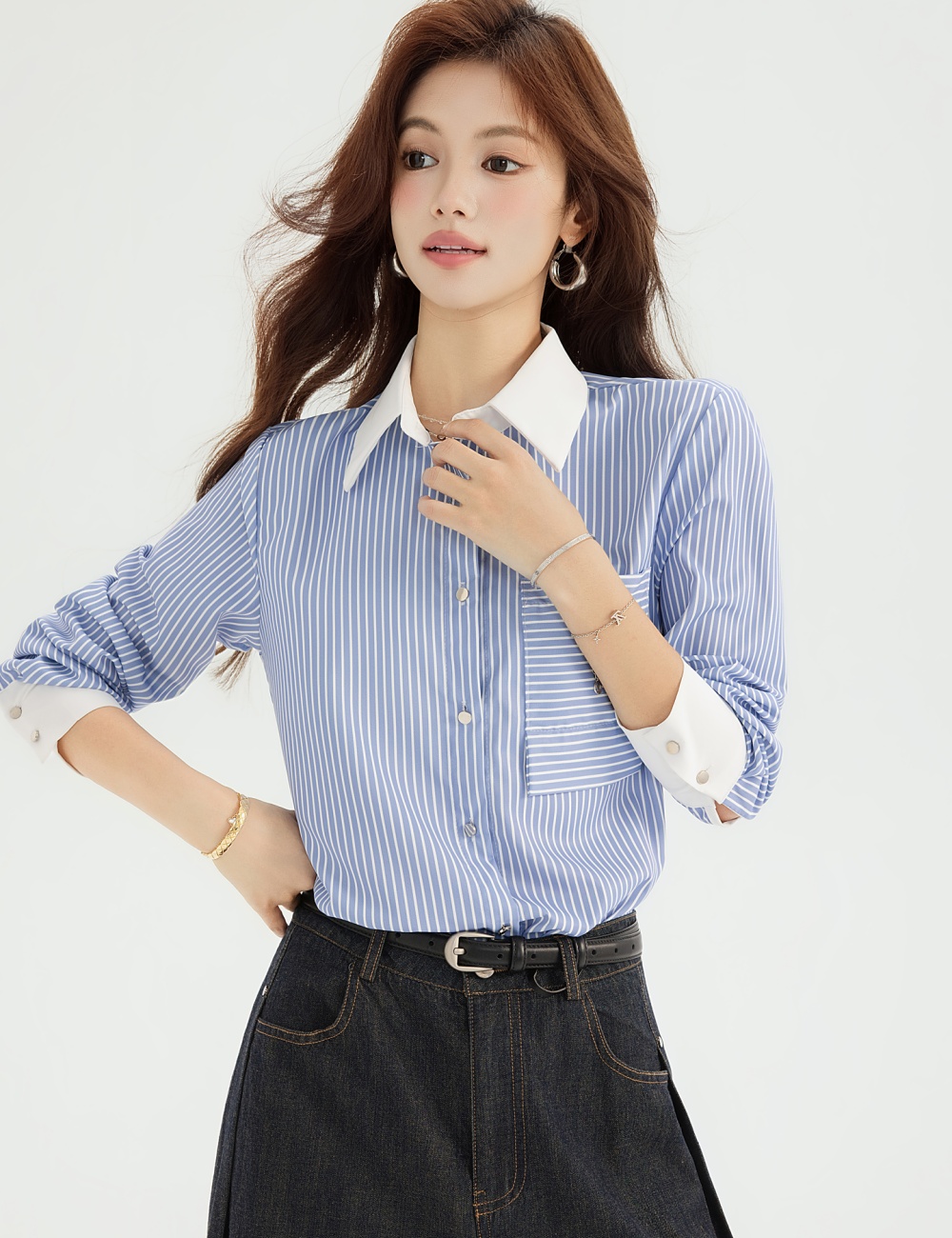 Spring temperament blue profession stripe shirt for women