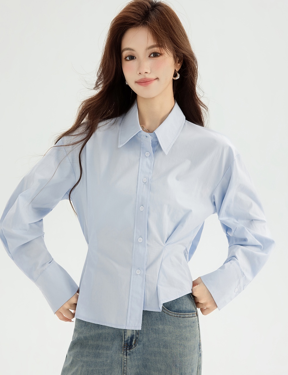All-match spring pinched waist shirt fold unique short tops