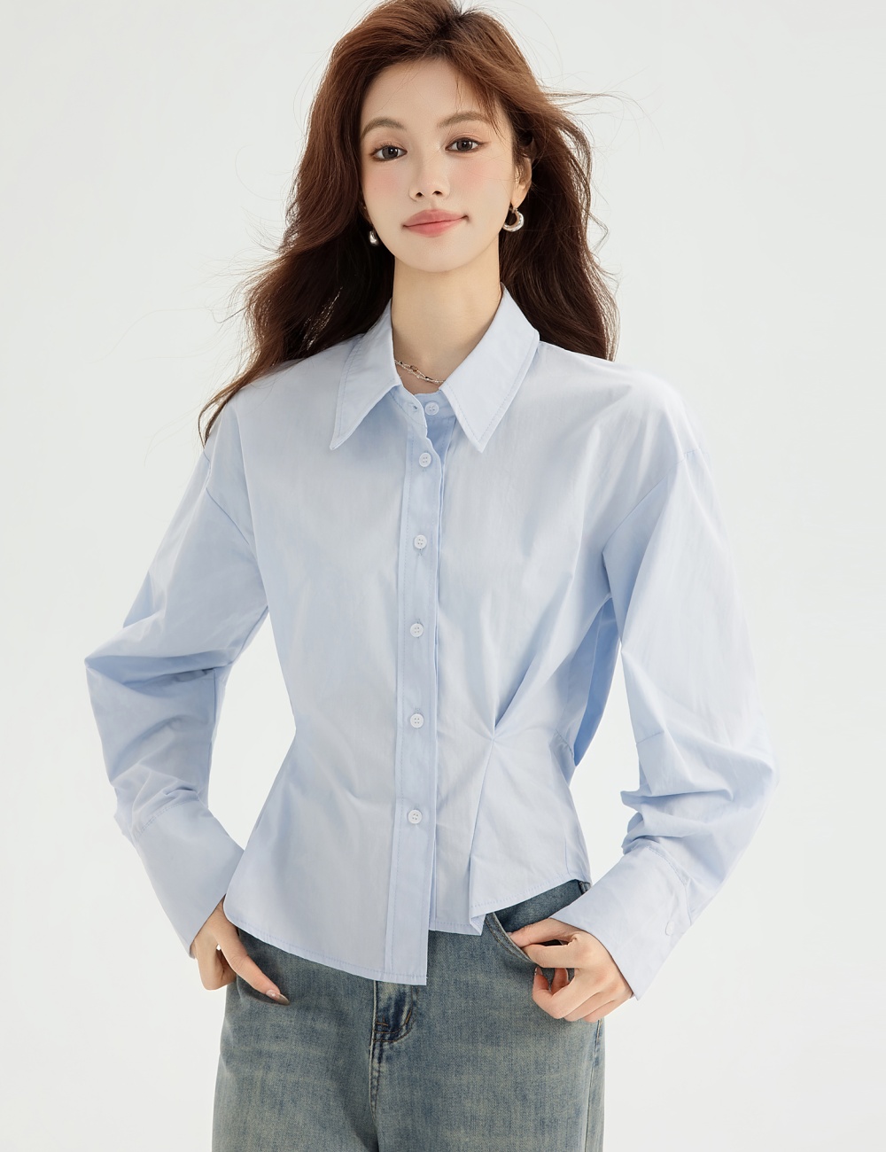 All-match spring pinched waist shirt fold unique short tops