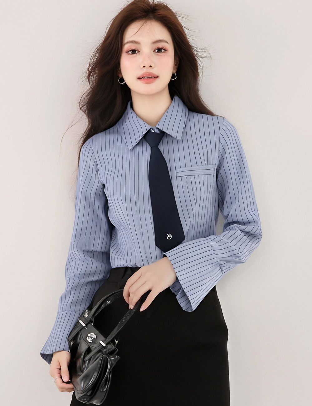 College style long sleeve with tie tops blue spring shirt