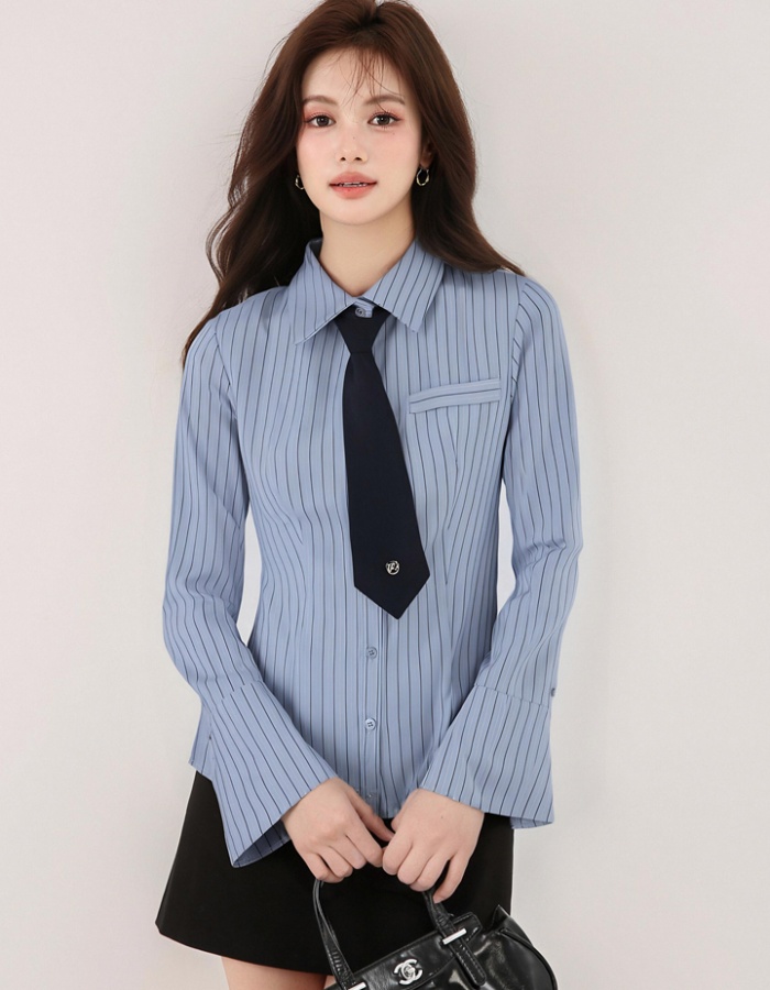 College style long sleeve with tie tops blue spring shirt