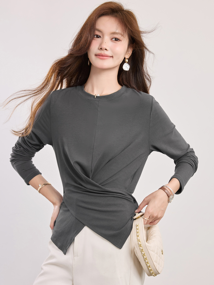 Long sleeve dark-gray bottoming shirt slim irregular tops