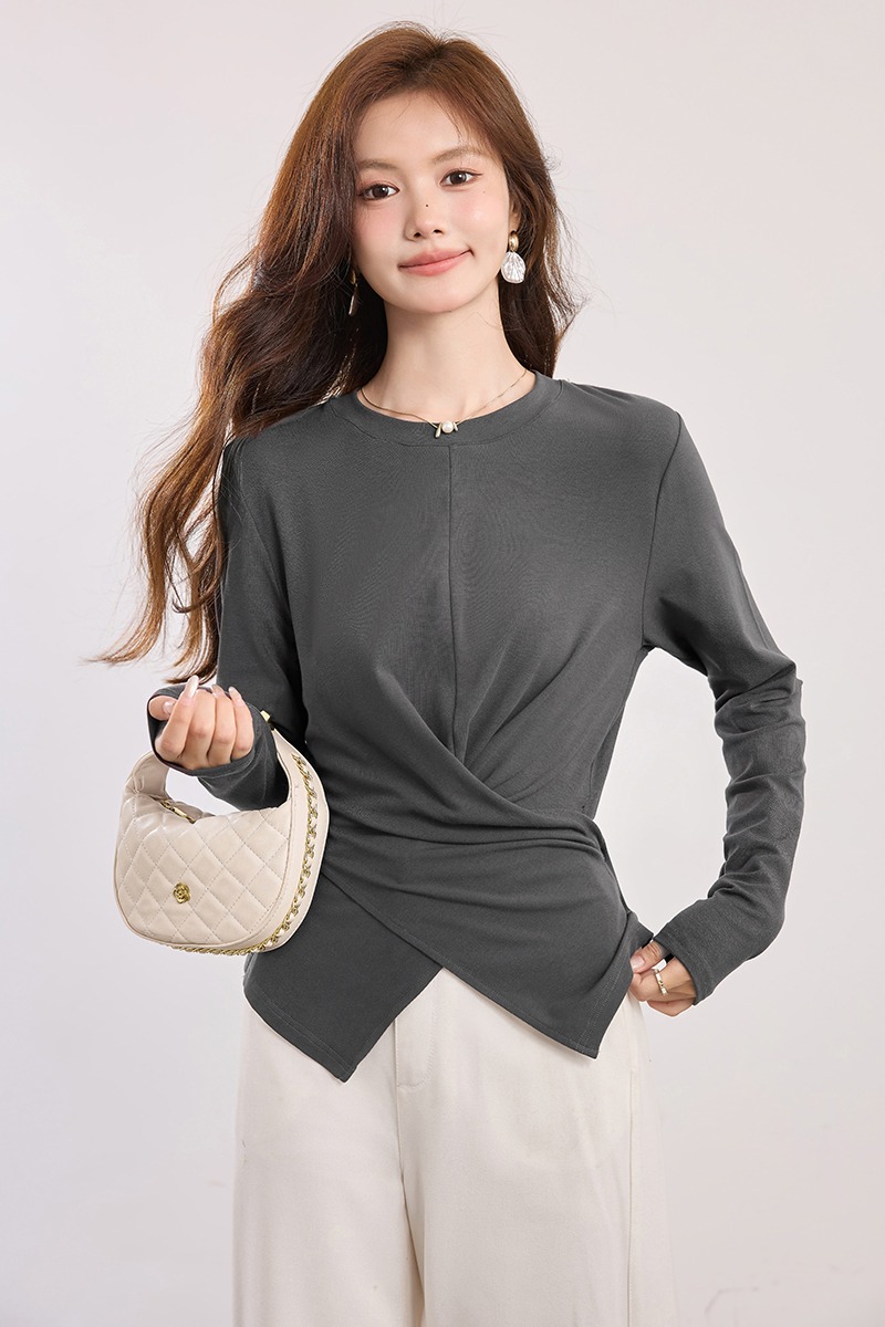 Long sleeve dark-gray bottoming shirt slim irregular tops