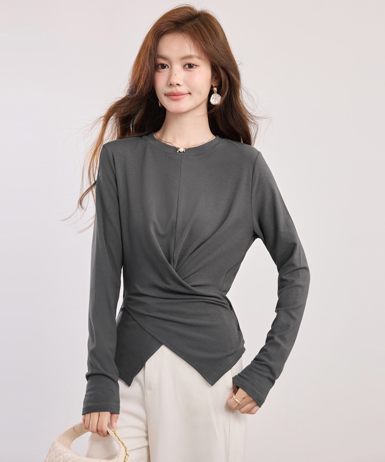 Long sleeve dark-gray bottoming shirt slim irregular tops