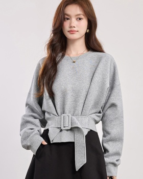 Spring short niche belt bat sleeve round neck hoodie