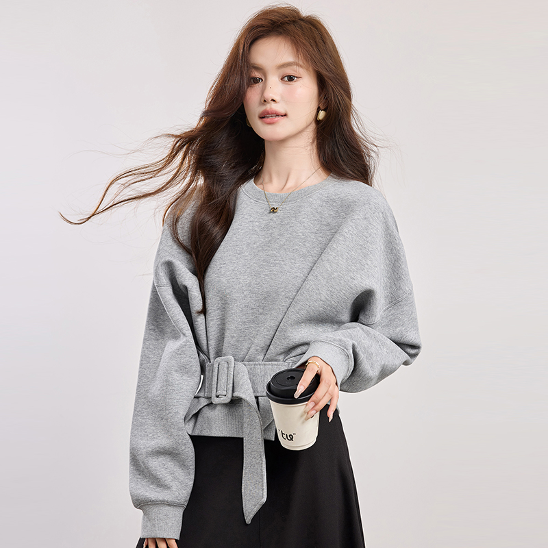 Spring short niche belt bat sleeve round neck hoodie