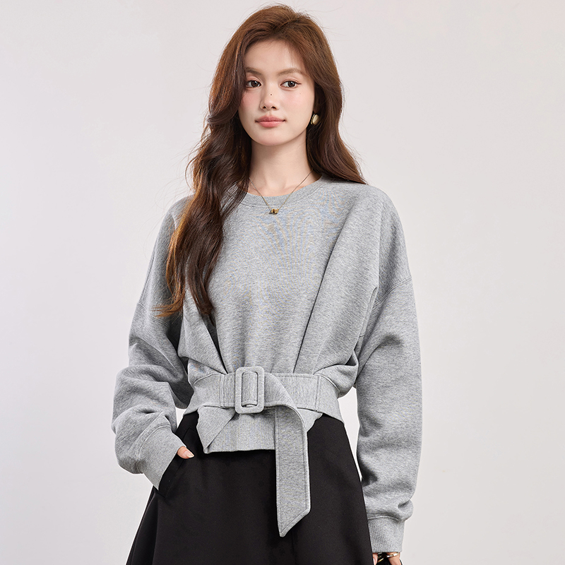 Spring short niche belt bat sleeve round neck hoodie