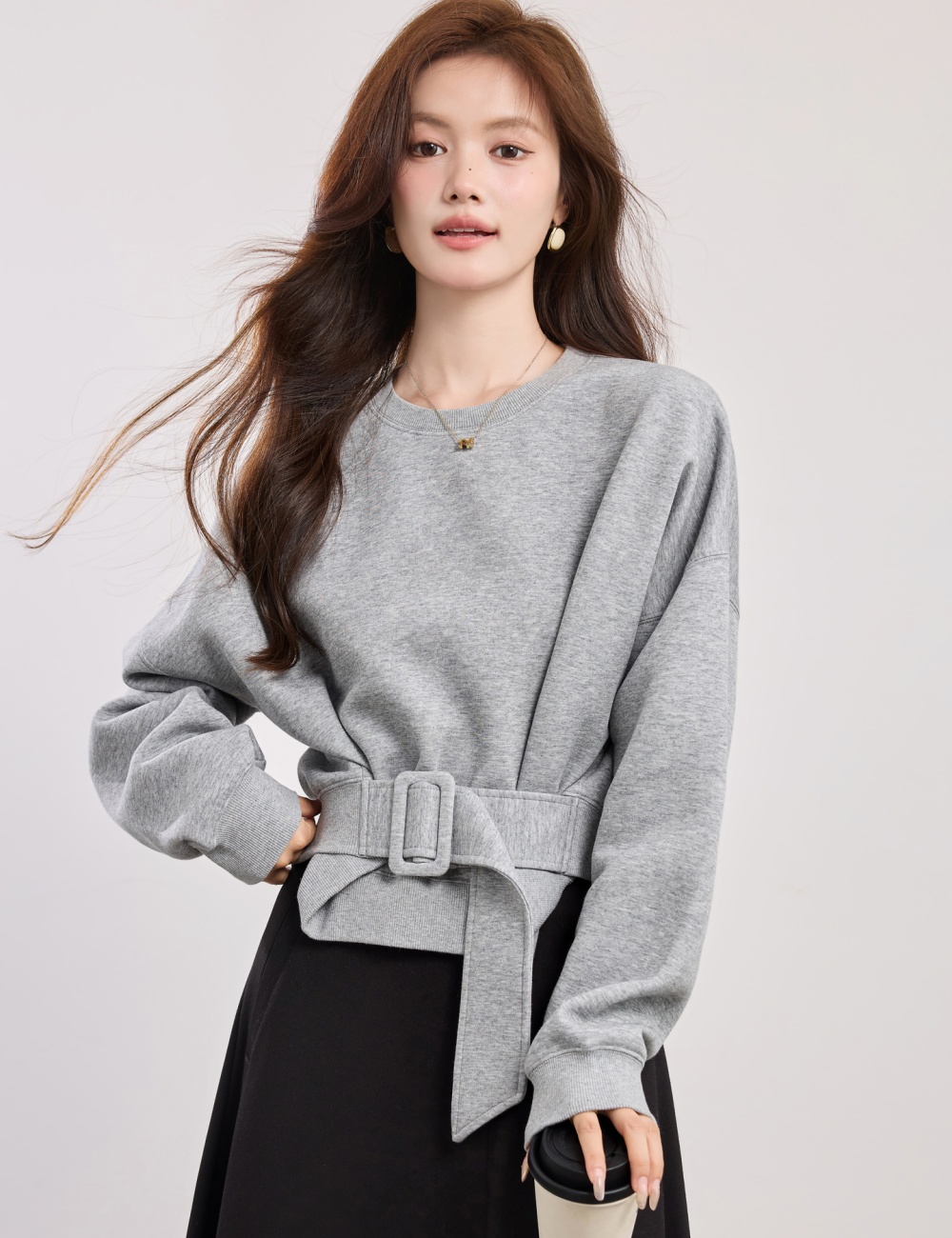 Spring short niche belt bat sleeve round neck hoodie