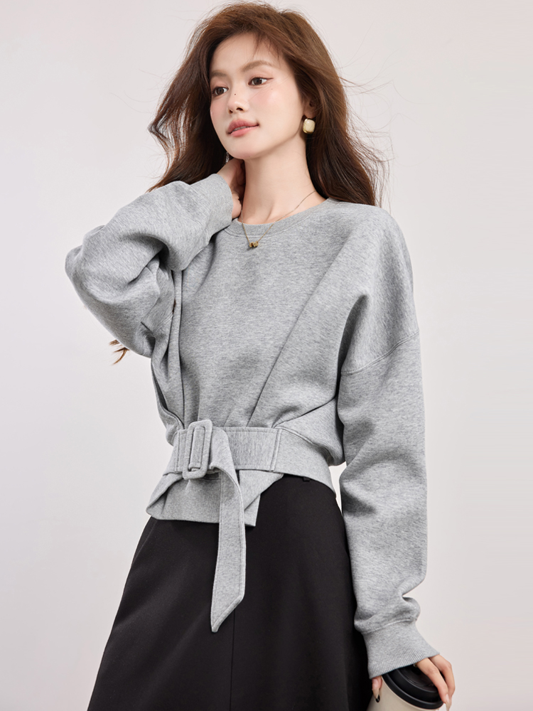 Spring short niche belt bat sleeve round neck hoodie