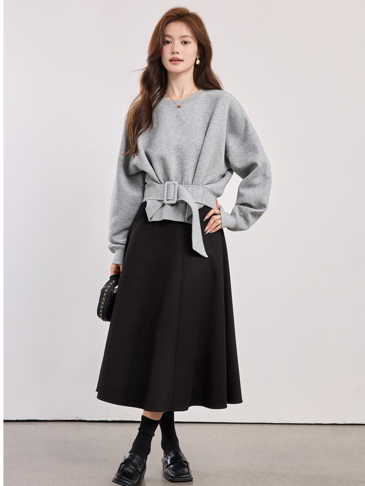 Spring short niche belt bat sleeve round neck hoodie